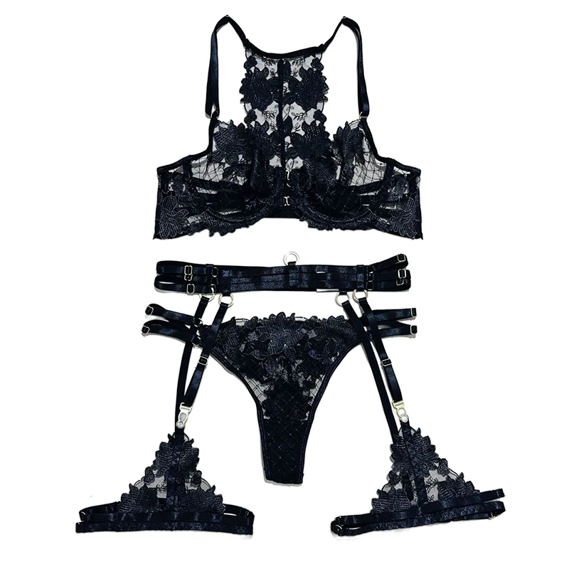 

1Pc Bikini Style Sexy Lingerie Four-Piece Set – Complex Craft Embroidery, Cross Strap Push-Up Underwire Design For Women