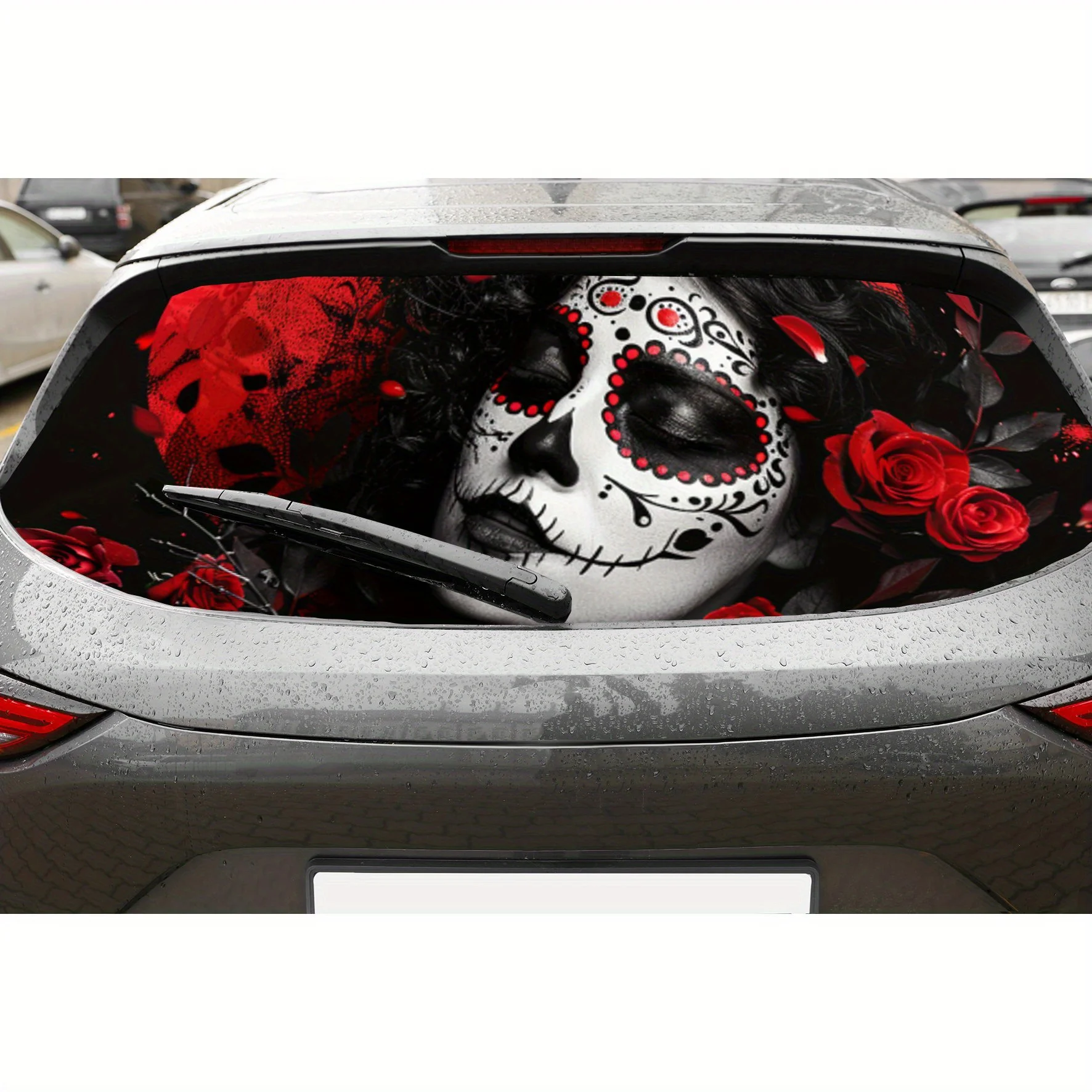 

Sugar Skull Girl and Rose PVC Perforated Car Vinyl Wraps, Privacy Enhancing Design for Rear Window, Car Rear Windshield Sticker