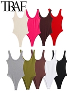 TRAF ROBE Women Skinny Bodysuit 2025 Summer Low Collar Sleeveless Backless Slim Playsuit Snap-Button Y2K Short Jumpsuit Rompers