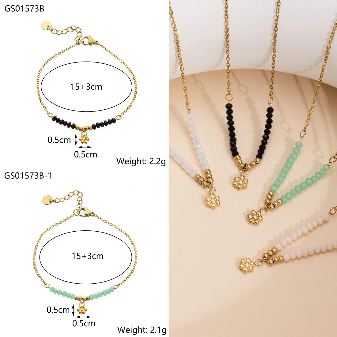 CARLIDANAJewelry Set Gold Plated  Fashion Bohemian Flower Pendant Stainless Steel Natural Stone Bead Necklace Bracelets Women
