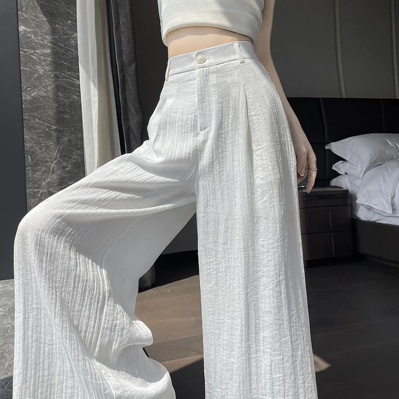 

2025 Spring Summer New Cotton Linen Women's Wide Leg Pants Vintage Black Korean High Waist Casual Loose Trousers
