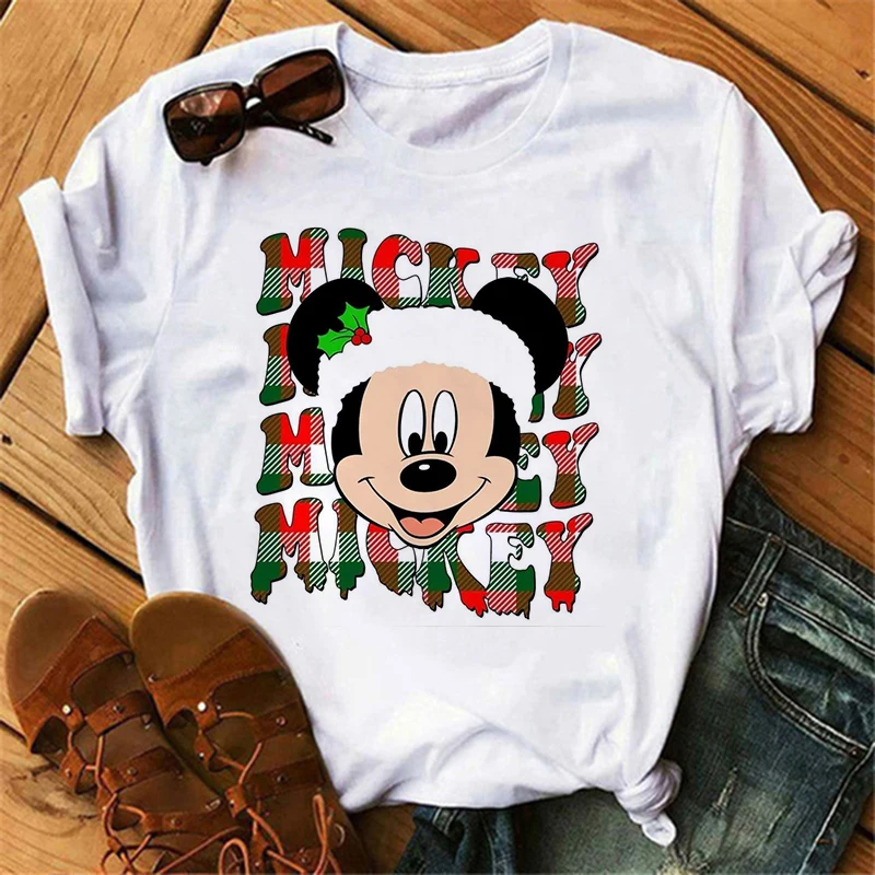 90s Christmas Mickey Print T-shirts for Women Fashion Minnie Mouse T Shirt Streetwear Female Clothes Kawaii Disney Tshirt