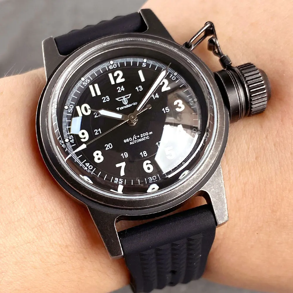 

Tandorio Military 36MM NH35/PT5000 Automatic Field Men Watch Vintage PVD Sandblasted Case Big Crown Bubble Sapphire 20ATM Diver