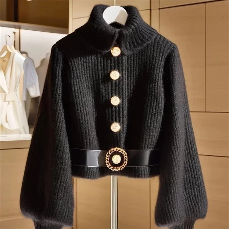 

2026, весенне-осенний новый корейский черный свитер, куртка для женщин, красивый вязаный кардиган, пальто, женский трикотаж