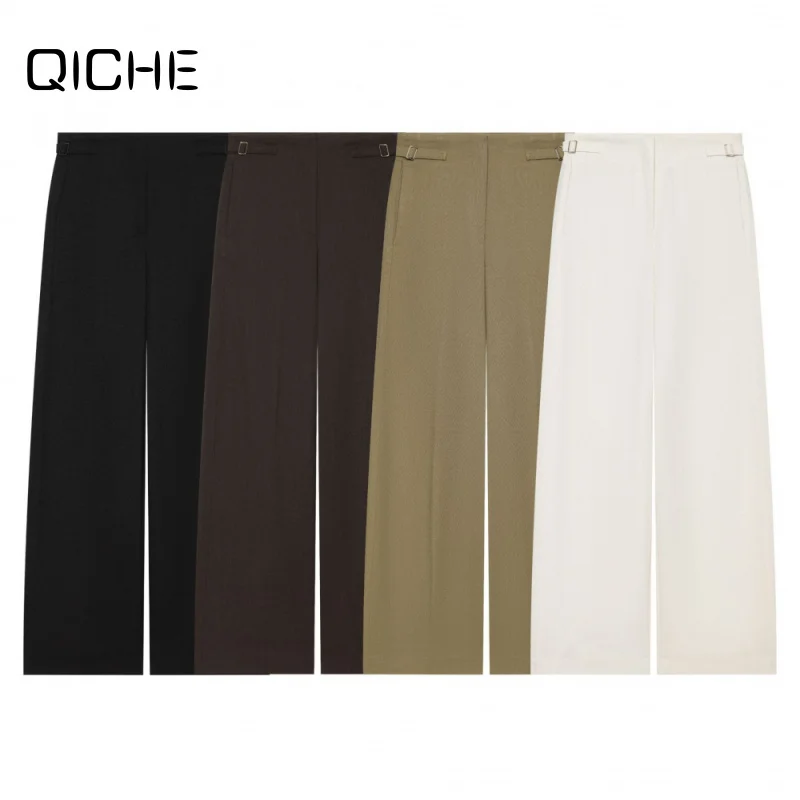 QICHE Social Media Popular European American Women Fashion Casual Buckle Belt Wide Leg Straight Suit Pants