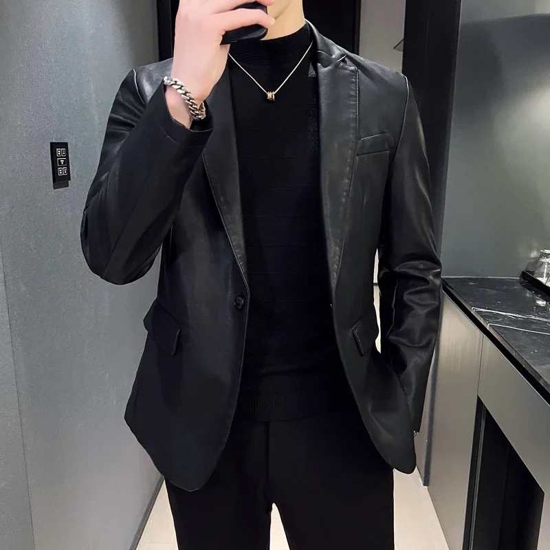 Fashion Men\'s Casual Leather Dress Suit Coat Male Fashion Business Casual Pu Blazers Jacket Casual Blazer Jackets Man Outerwear