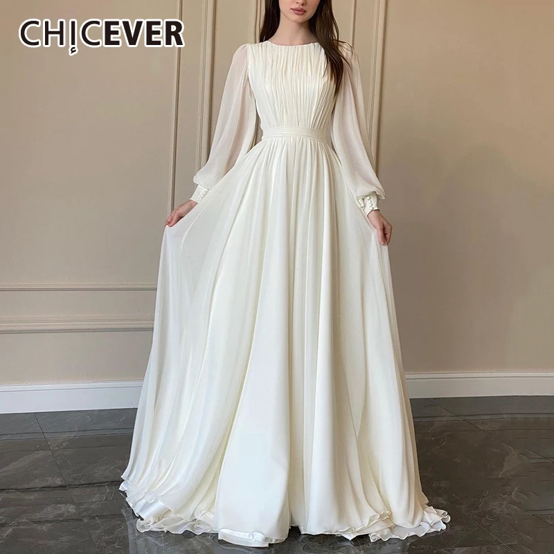 CHICEVER White Elegant Long Dress Women Round Neck Lantern Sleeve Spliced Single Button Gauze Wedding Dress Female Autumn Style