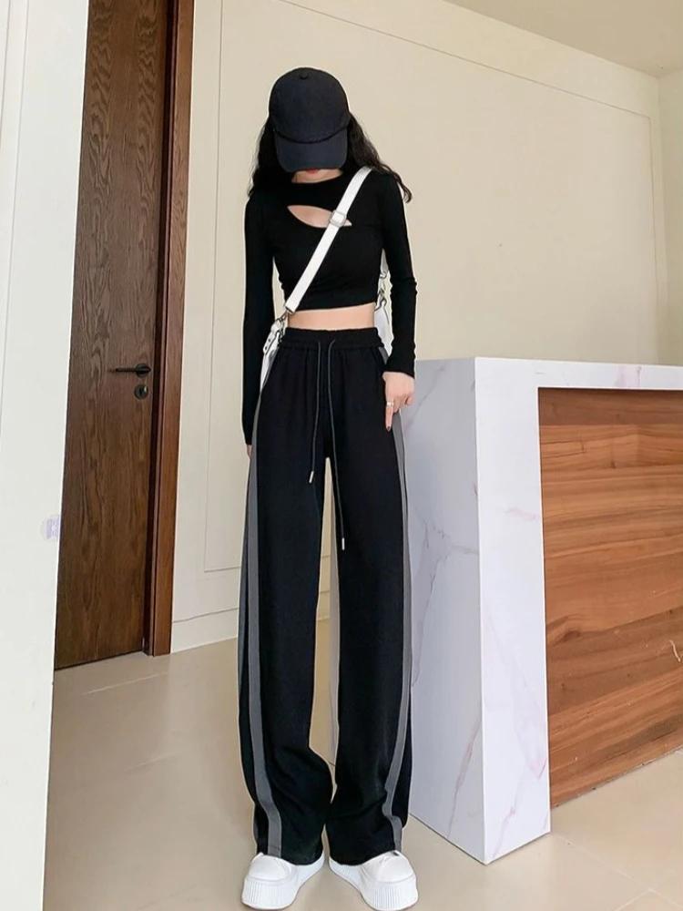 Summer Women Ice Silk Wide Leg Sweatpants Color Block Twill High Waist Drape Loose Slim Fit Floor Length Casual Pants Trendy