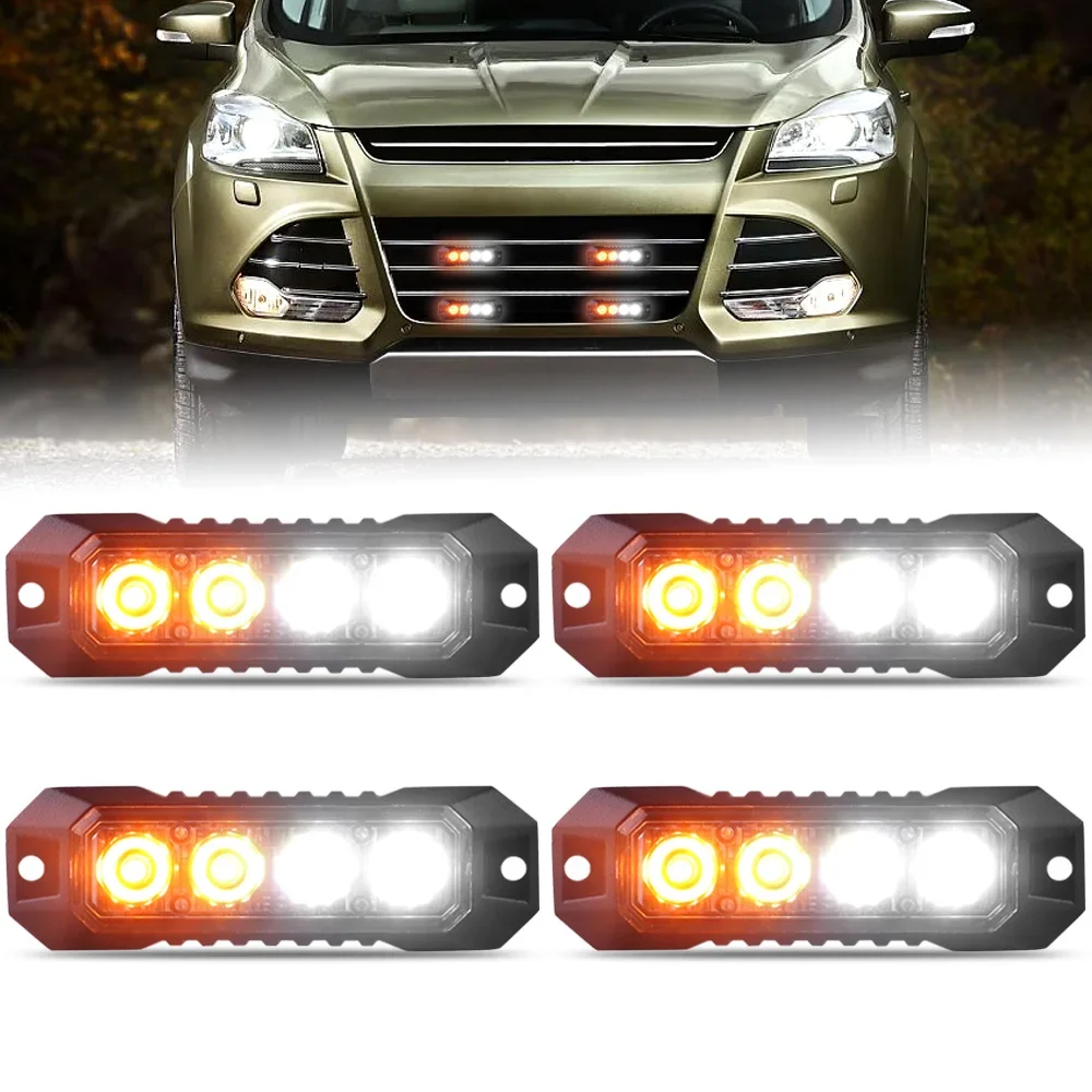 4PCS 4LED Car Strobe Warning Light Grille Breakdown Strobe Flashing Beacon Lamp For Car Truck Trailer Side Amber Light 12V - 24V