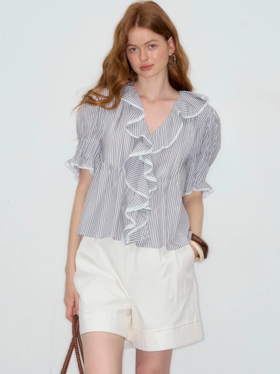 

Женская блузка DeeSicile с V-образным вырезом, плиссировкой и кружевным краем, в полоску, повседневная, дышащая, летняя