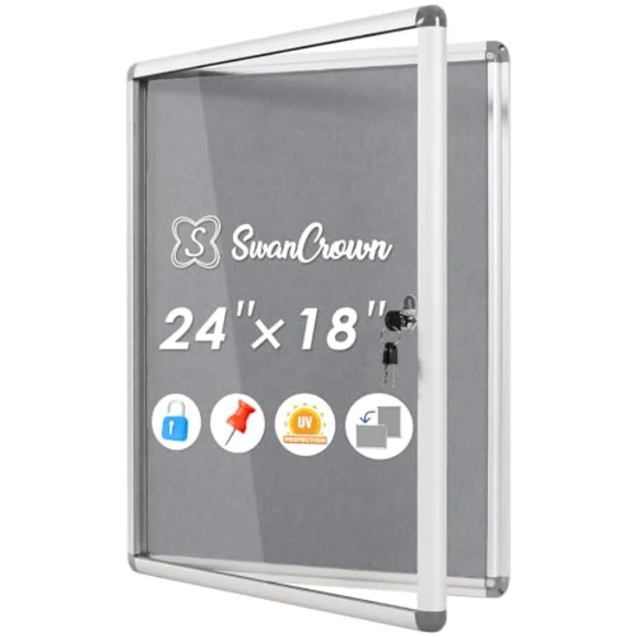 

SWANCROWN Enclosed Bullet Board, Tamperproof Lockable Grey Felt Board Wall Display Case for Office School Home, Aluminum Frame