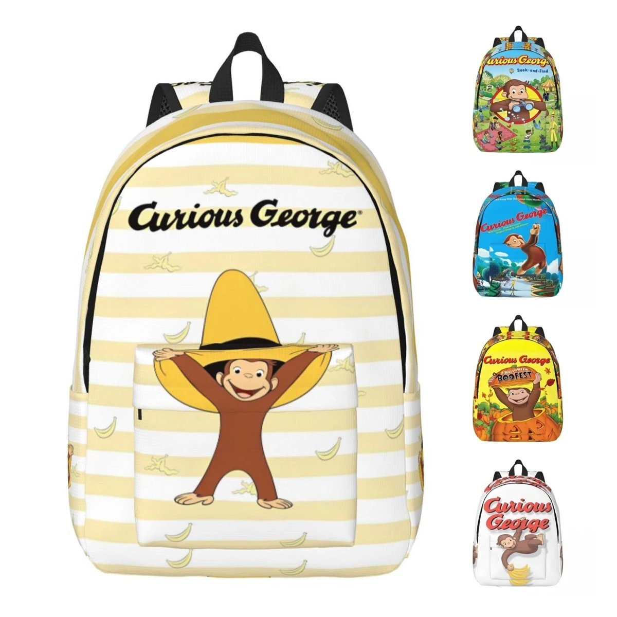 Curious George Monkey Cartoon Backpack for Men Women Casual Student Work Daypack TV Series Laptop Shoulder Bag Outdoor