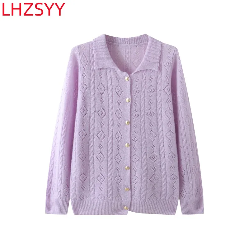 LHZSYY 2024 Spring New Pure Cashmere Cardigan Ladies PoLo Collar Hollowed Out Jacket Knit Coat Loose Sweater Thin Female Blouse