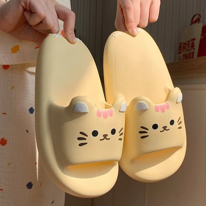 Cute Yellow Cat Indoor Beach Slippers Women Men Summer Platform Shoes Soft EVA Thick Sole Girls Bathroom Slides