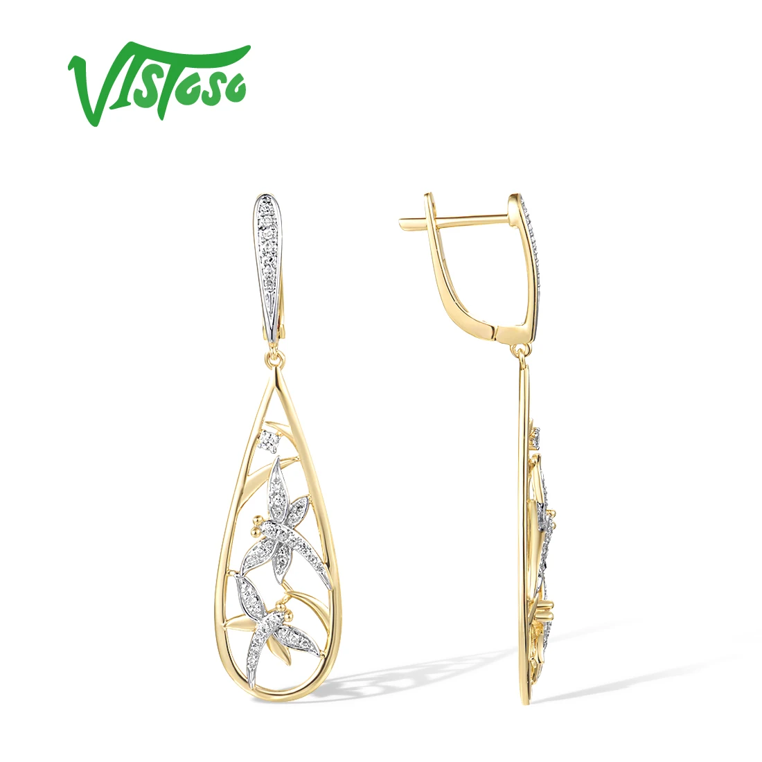 VISTOSO 14K 585 Yellow Gold Dragonfly Earrings For Women Sparkling Diamonds Dangling Safari Latch Back Fine fashion Jewelry