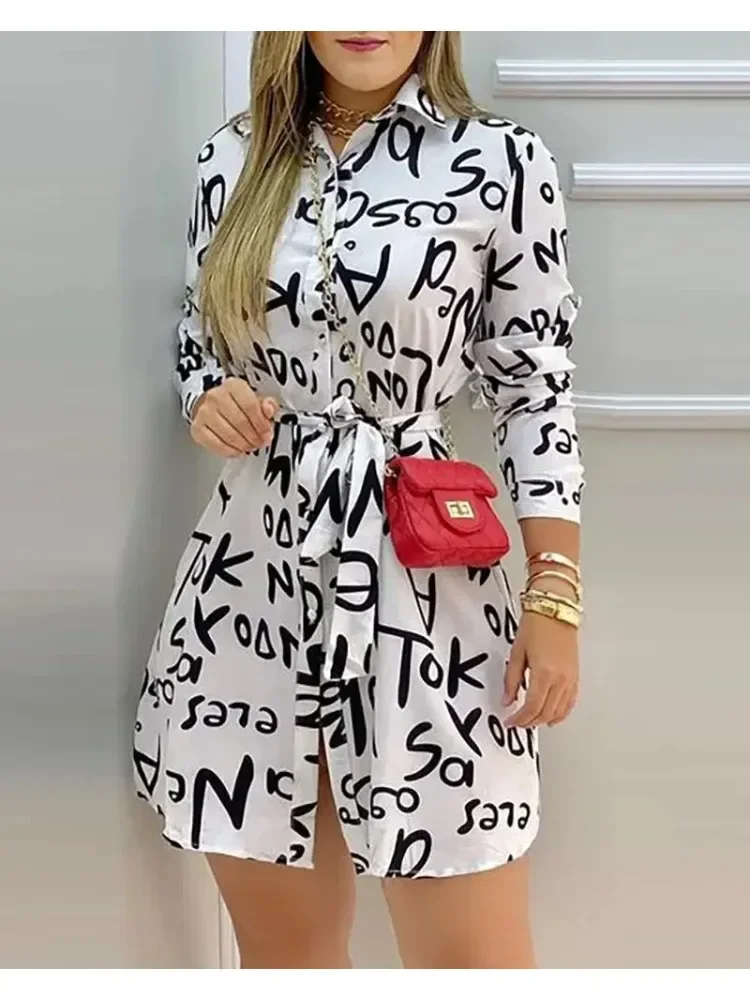 Women Elegant Dress Letter Print Long Sleeve Casual Shirt Dress Summer Spring Vacation Mini Dresses Office Lady 2024 vestidos