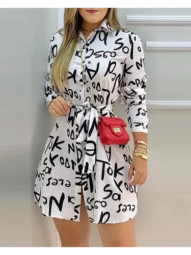 Imagen 1 del producto Vestido elegante con estampado de letras para mujer, vestido camisero informal de manga larga, Mini vestidos para vacaciones de primavera y verano, vestidos de oficina para mujer 2025