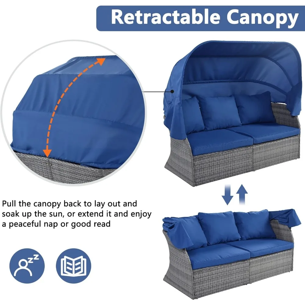 Patio Furniture Set Daybed with Lift-top Table & Retractable Canopy,Wicker Rattan Outdoor Conversation Set w/Upholstered Cushion