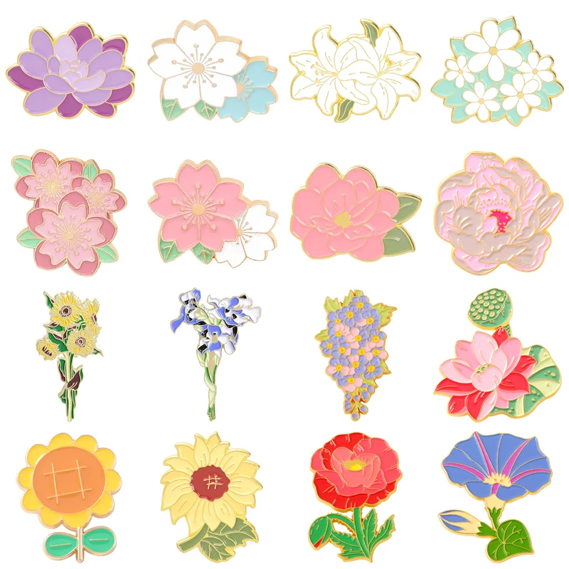 Sweet Lovely Plants Pink Flowers Enamel Pins Roses Sunflower Lily Lotus Daffodil Alloy Brooch Badge Fashion Woman Jewelry Gift