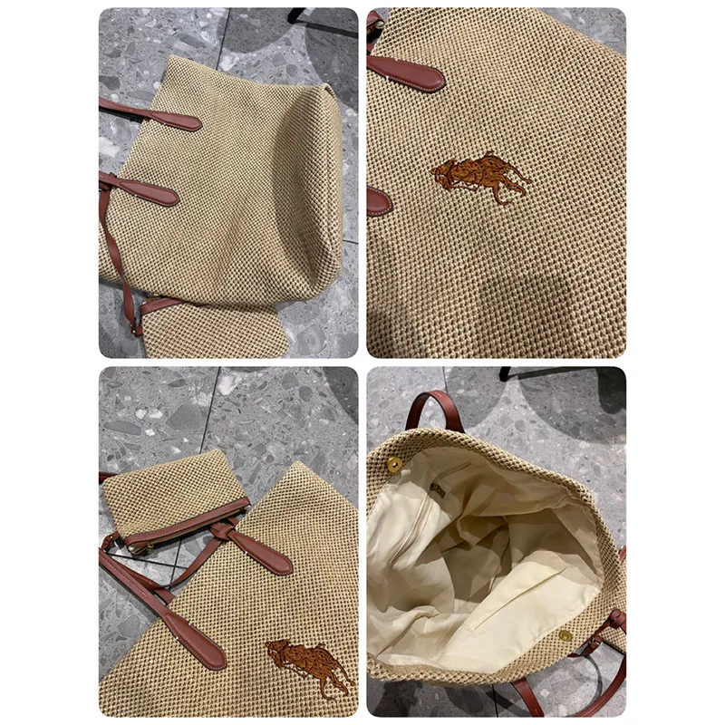 2025 جديد كسول نمط القش المنسوجة حمل حقيبة اللون كتلة بولو الحصان العلامة التجارية حقيبة كتف مفردة سعة كبيرة موضة دلو حقيبة F...