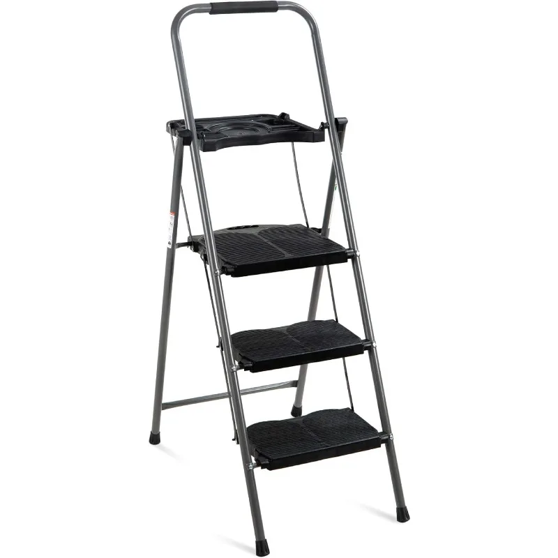 3-Step Ladder, Portable Folding Anti-Slip Step Stool w/Utility Tray, Hand Grip, Rubber Feet Caps, 330lb Capacity