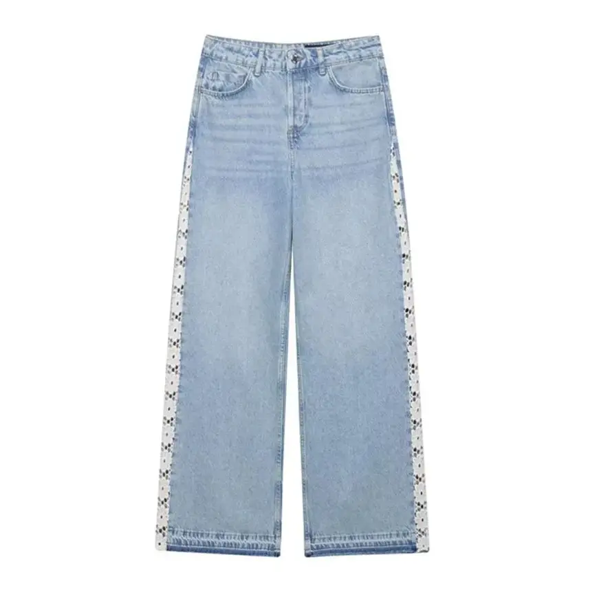 

Женские джинсы из жаккардового кружева с боковыми вырезами, осень 2022, модные универсальные широкие брюки с высокой талией, эластичные женские джинсовые длинные брюки