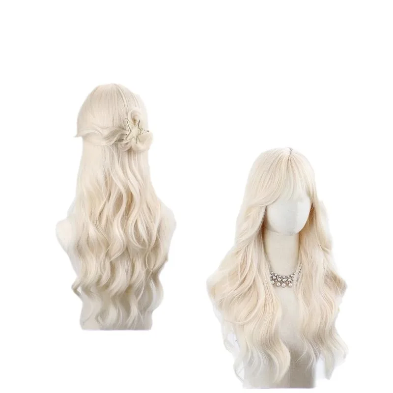 Peluca larga ondulada blanca y rosa para mujer, pelucas sintéticas de fiesta diaria, rubia clara con flequillo, disfraz de Lolita, rubia Barbie