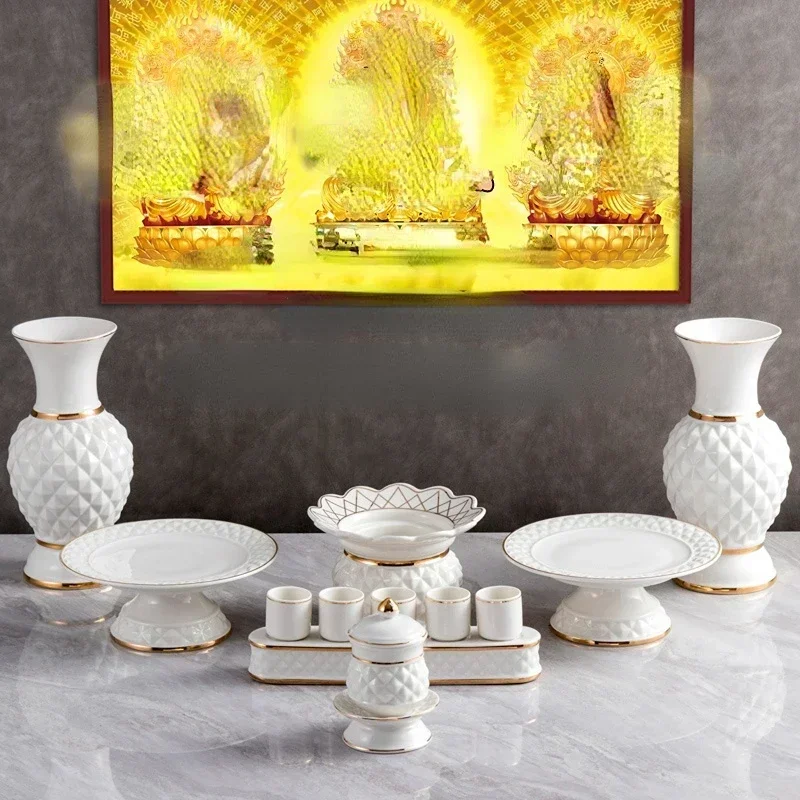 White porcelain gold painted incense burner water supply cup Plate Fruit Vase Buddha Front Decoration Buddha Utensils Offerings