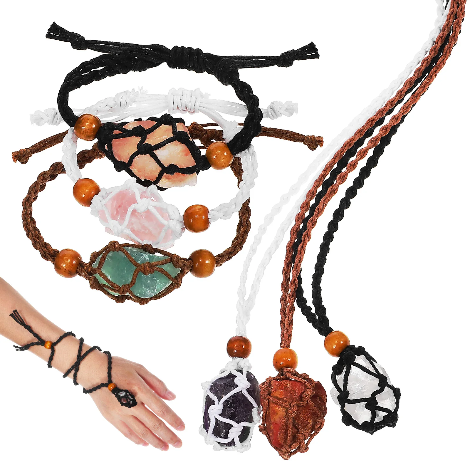 

Necklace Bracelet Stone Set 3 Necklaces Black Brown White 3 Bracelets 6 Natural Stones Cage Holder Crystal Retro Decor Accessory