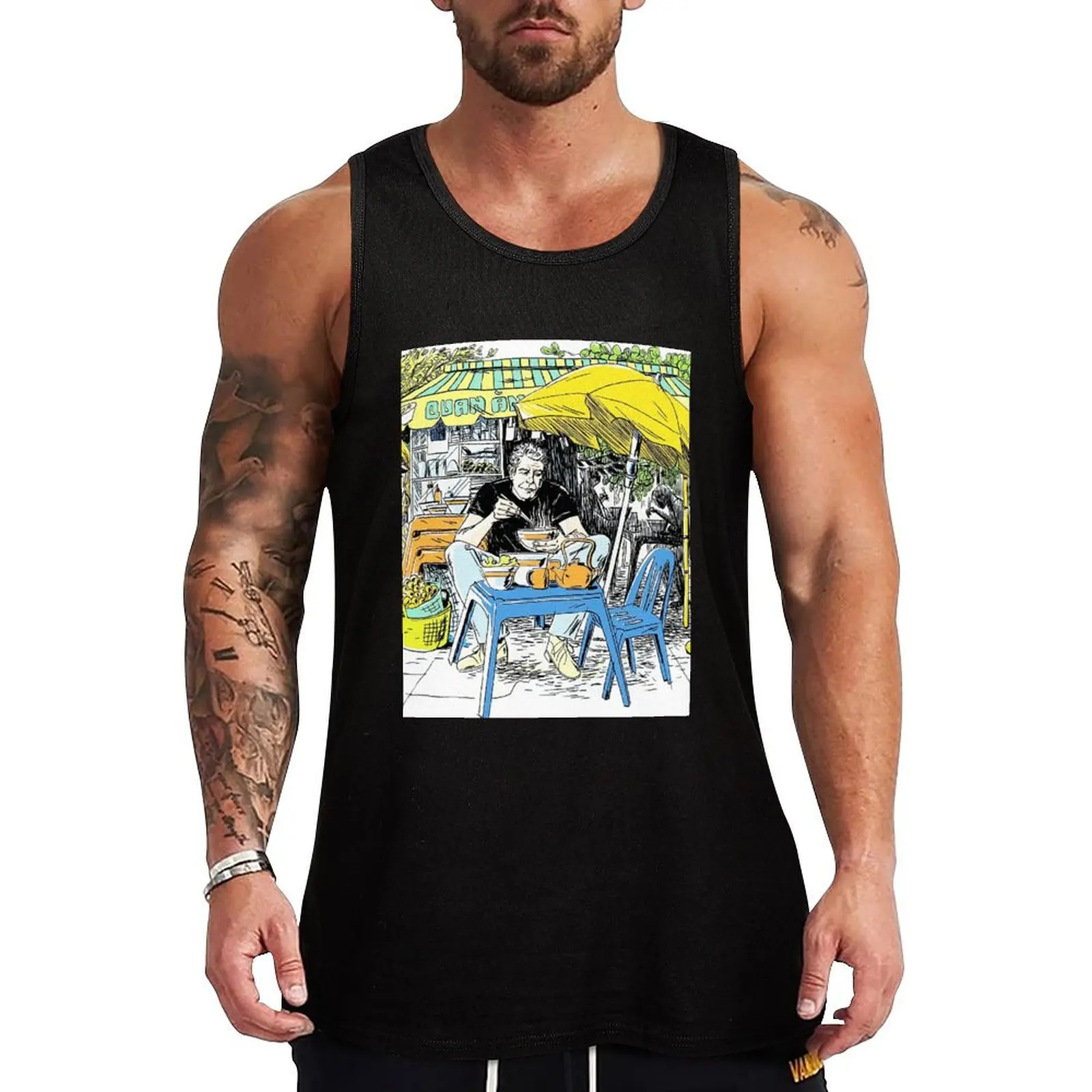Anthony Bourdain Drawing Tank Top Athletic Sleeveless Shirt Gym Workout Quick Dry Tank Top