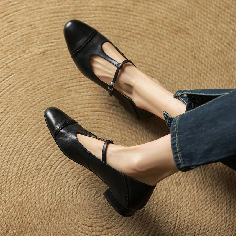 Dilalula 2026 Top Quality Cow Leather women's T-Strap Pumps British Style Med Heels Office Lady Pumps Female Dress Party Shoes view 5