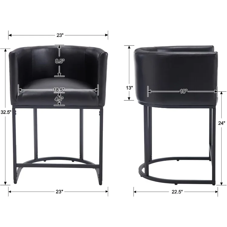 Modern Barrel Counter Height Bar Stools Set of 3, 24 Inch Kitchen Black Bar Stools with Back, PU Leather Barstools