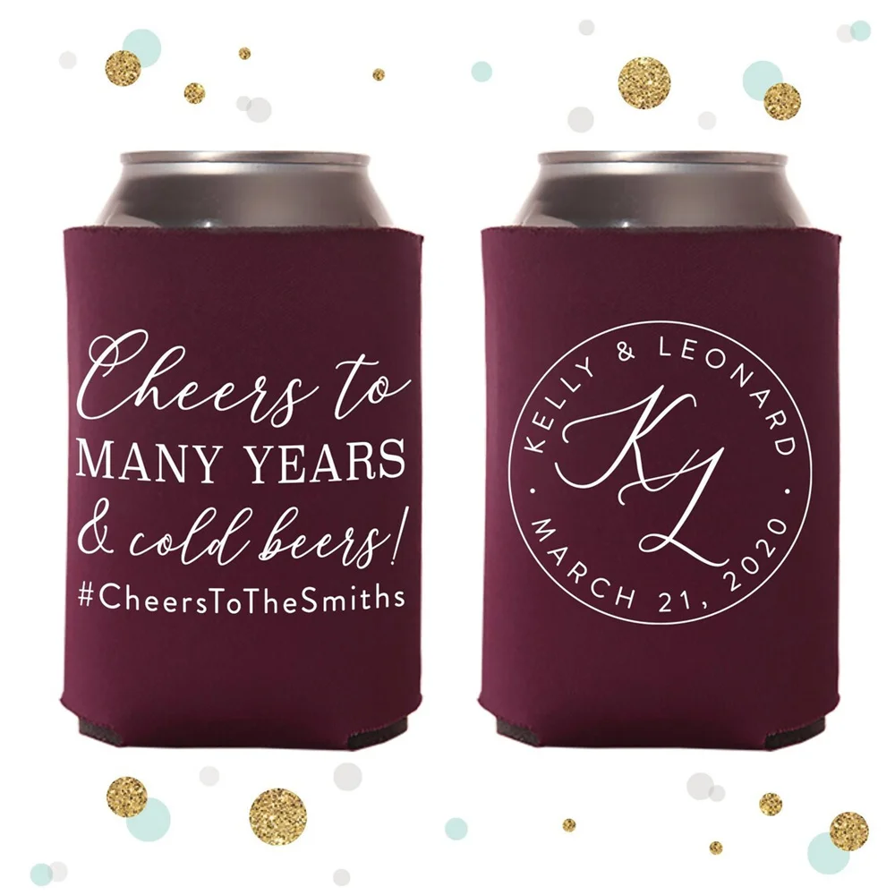 

Cheers to Many Years - Wedding Can Cooler #138R - Custom - Wedding Favors, Beverage Insulators, Beer Huggers, Wedding Favor, Bee