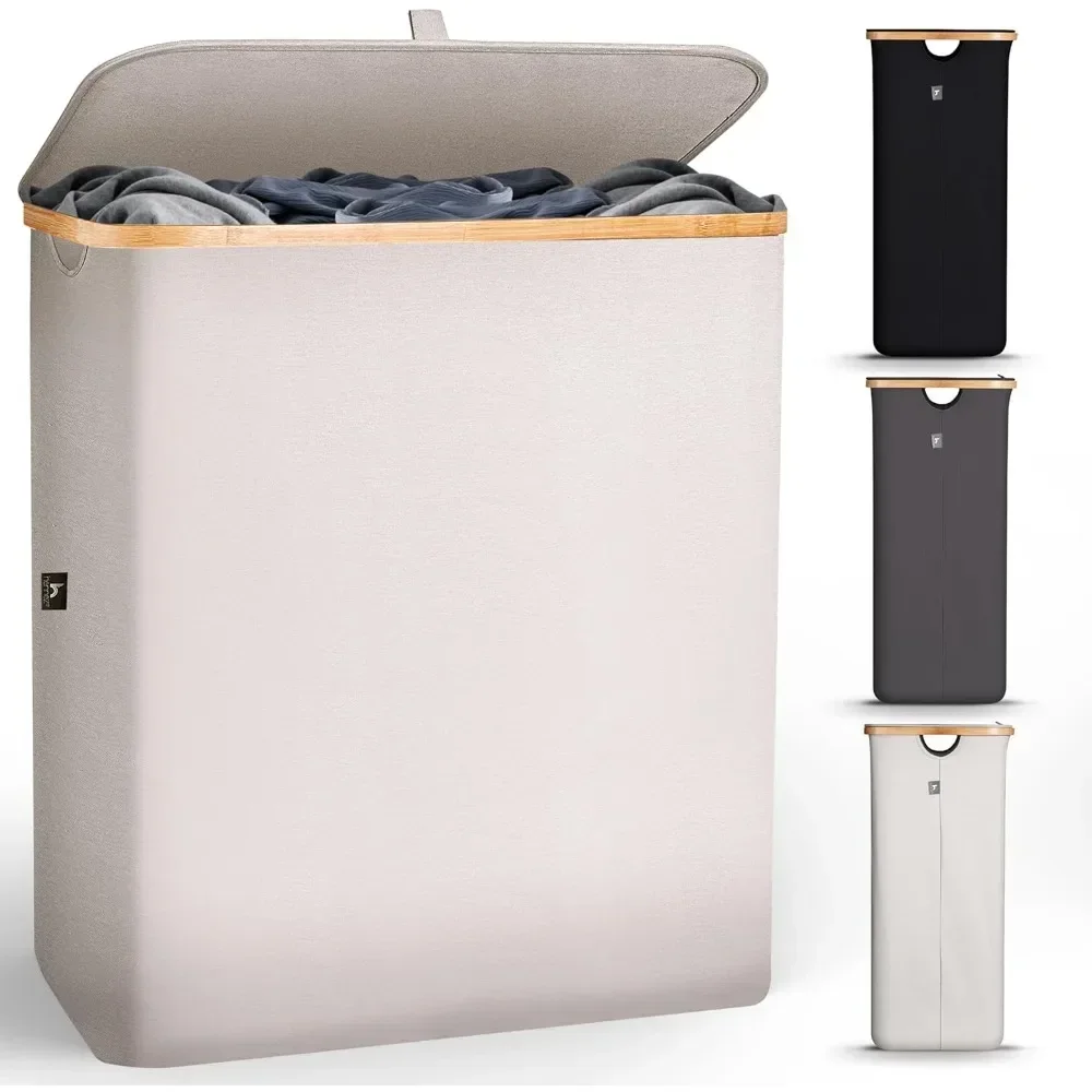 

SAT 140L Double Hamper With Removable Bags - Tall Laundry Basket With Lid and Thick 220gsm Fabric - Gray