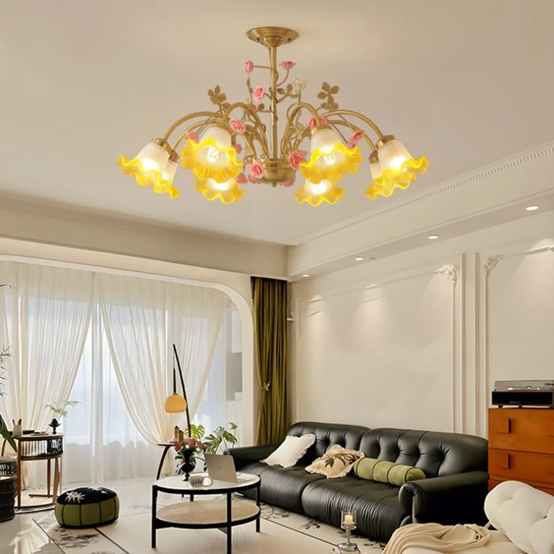 French Countryside Style Chandelier Ceramic Flower Design Pendent Lamp for Living Room Decoration Restaurant Bedroom LED Lights