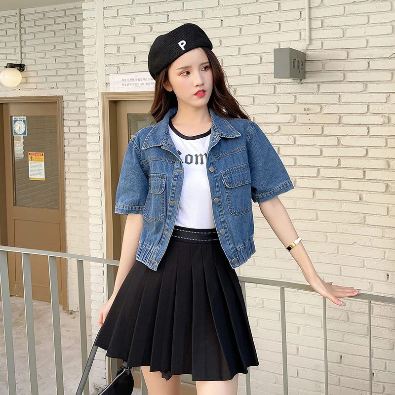Women Summer Fashionable Elastic Bottom Hem Slimming Export Quality Soft Thin Layered Denim Short-Sleeve Coats Jackets