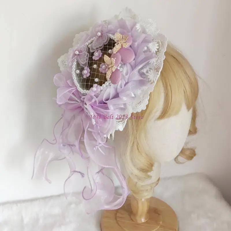 49ME chapéu topo vintage com babados laço pérola anime acessórios cosplay