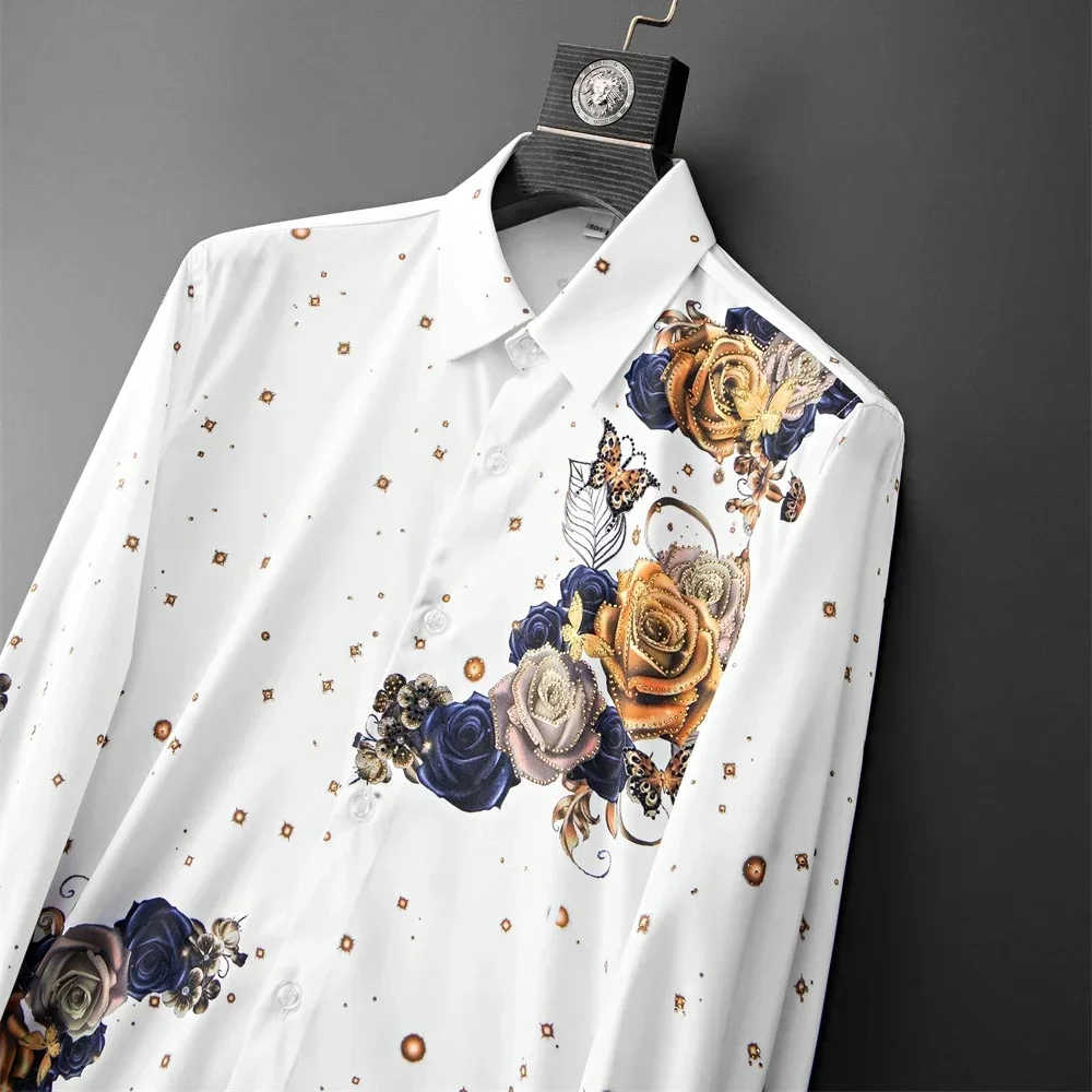 Luxury Rhinestone Flower Printed Shirt Men Casual Business Dress Shirts Long Sleeve Slim Fit Social Party Tuxedo Men Clothing