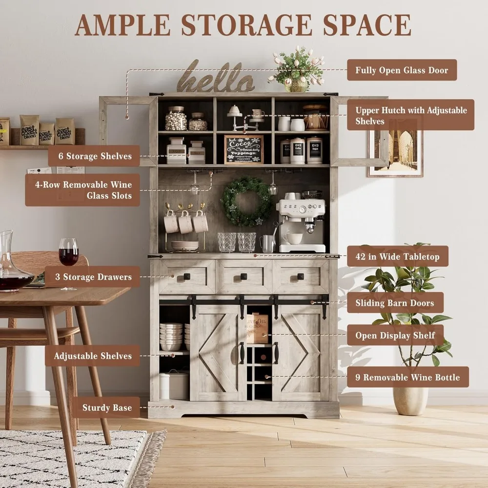 72" Farmhouse Bar Cabinet With Sliding Barn Door, Tall Kitchen Buffet With Storage Hutch And 3 Drawer, Rustic Coffee Wine Bar
