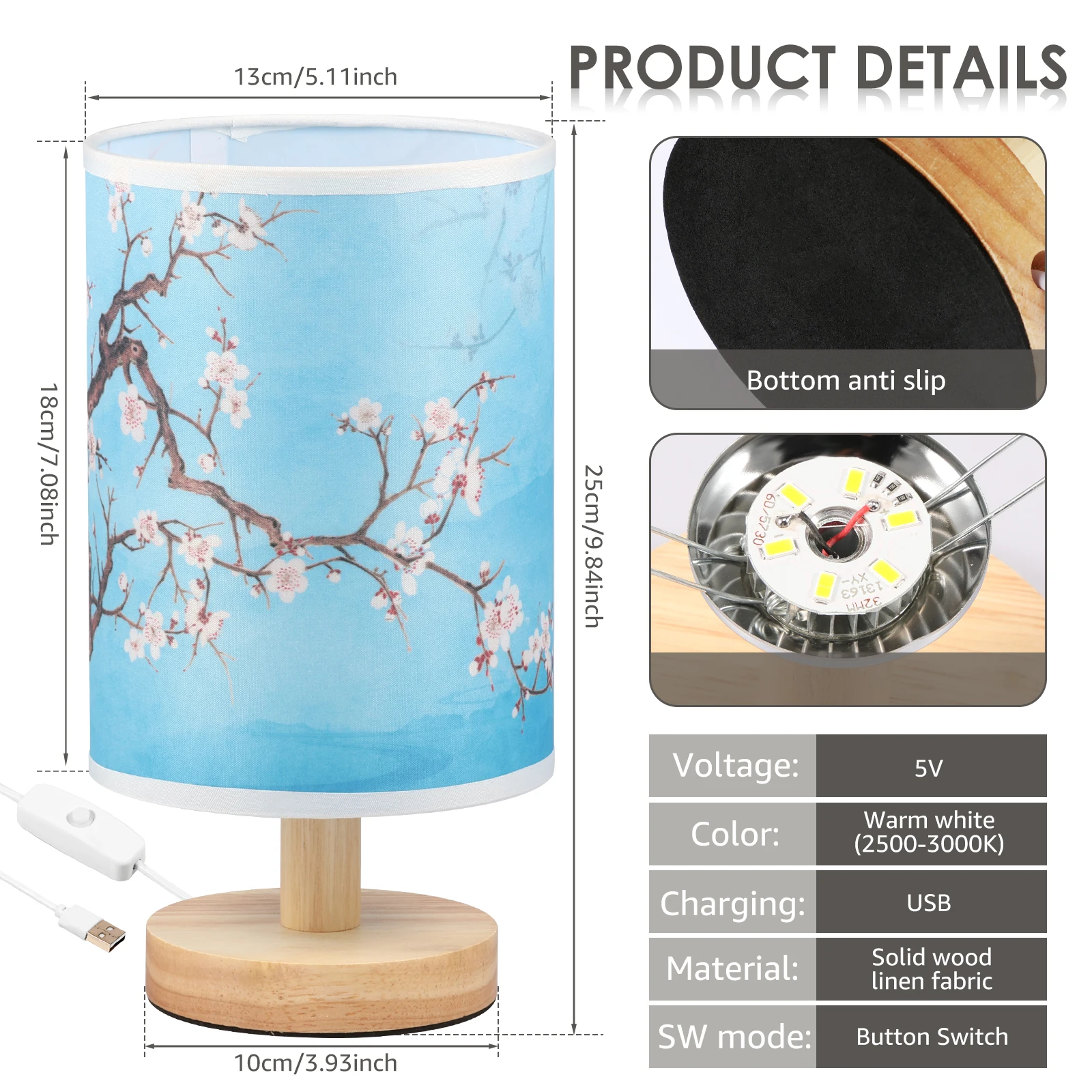 LED Bedside Table Lamp Modern Wooden Nightstand Lamp with Linen Fabric Lampshade USB Bedroom Living Room Night Lamp Ornaments