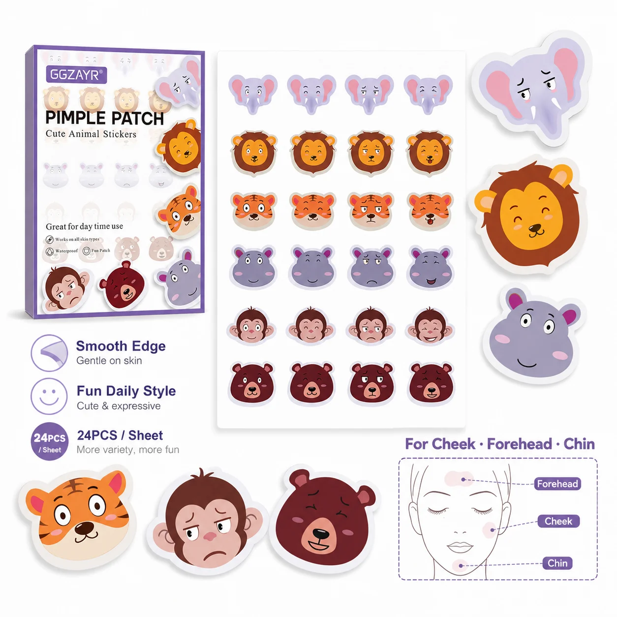 120pcs Cute Animal Hydrocolloid Pimple Patches Waterproof Face Blemish Spot Stickers Cartoon Acne Patch for Daily Skin Care