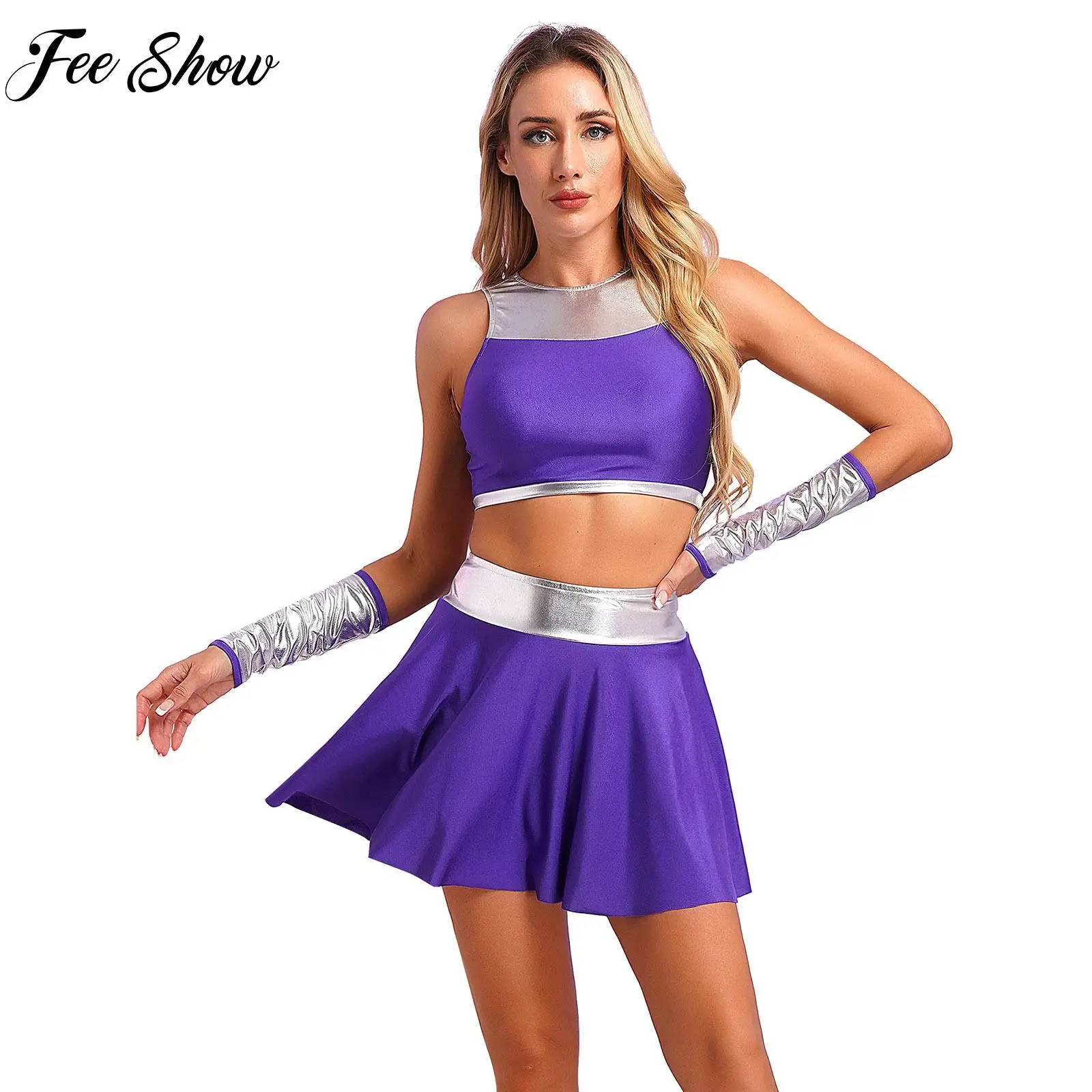 

Womens Anime Princess Cosplay Costume Cheerleading Uniform Tracksuit Crop Top Miniskirt Gloves Suit for Halloween Masquerade