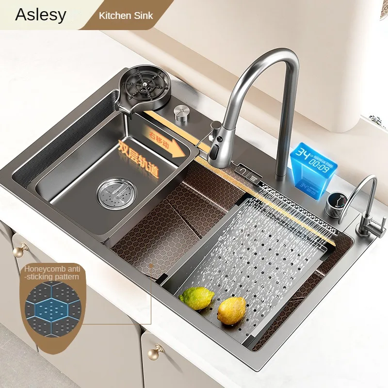 

Digital Display Flying Rain Waterfall Kitchen Sink Large Single Slot Household SUS304 Stainless Steel Vegetable Washing Basin