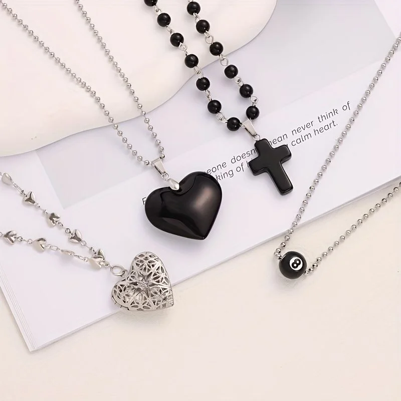 4-piece Y2K black heart-shaped necklace set, 8-ball cross hollow pentagram heart-shaped chain, silver bead chain, layered jewelr