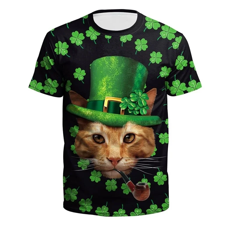 Clover Cat Skull Pattern T-Shirt For Men St. Patrick's Day 3D Printed Tees Casual Unisex Short Sleeve O-Neck Top Street T Shirts