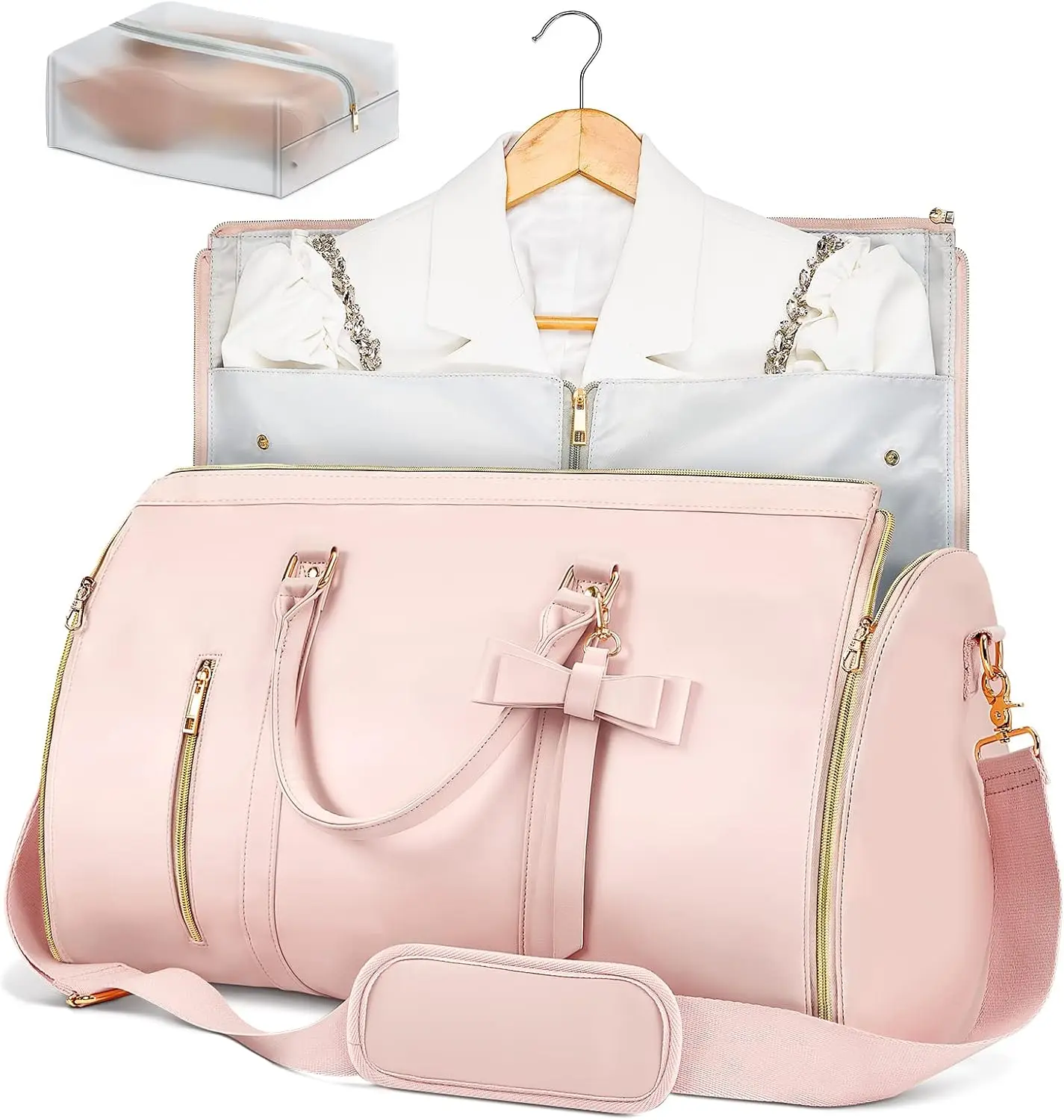

Convertible Garment Bag for Travel, 2-in-1 PU Leather Duffle with Shoe Compartment & Toiletry Pocket, Carry-On Size, Pink