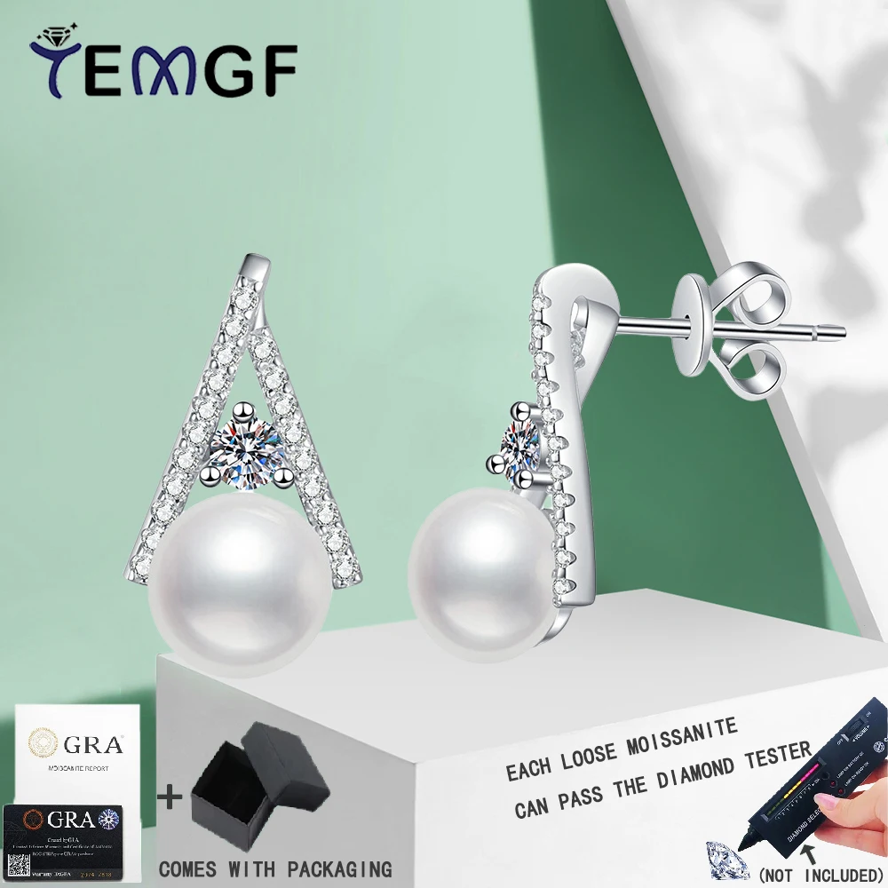 

TEMGF 3mm/4mm Moissanite Ear Studs Freshwater Pearl Earrings for Women V Shape S925 Sterling Silver Fashion Fine Jewelry Gifts