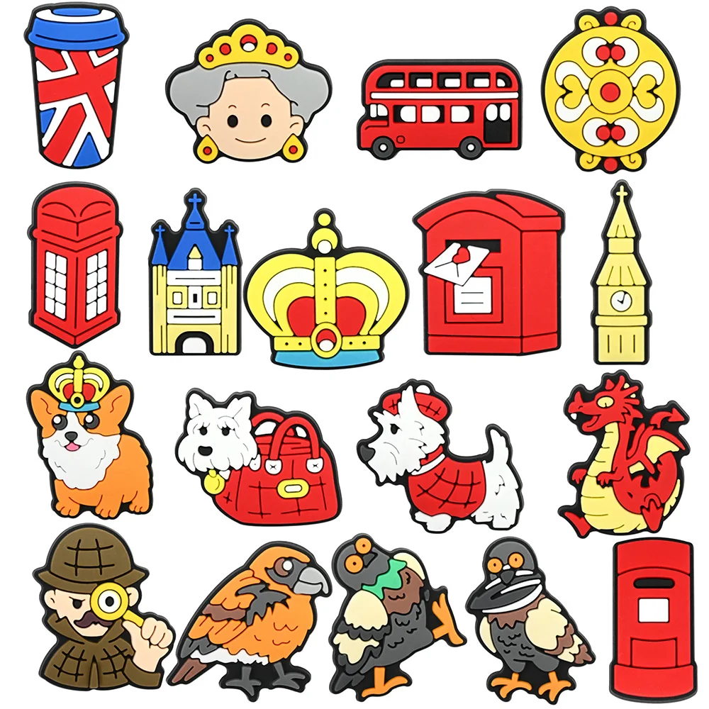 18 Stück England-Stil Cartoon London Queen Corgi Schuhanhänger PVC DIY Schuhe Dekoration Sandale Zubehör Schnalle für Kinder Geschenke