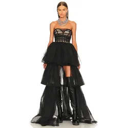 Black Strapless Formal Party Dresses High Low Layered Tulle Prom Maxi Dress Tiered Skirt Long Evening Gown فساتين السهرة Custom