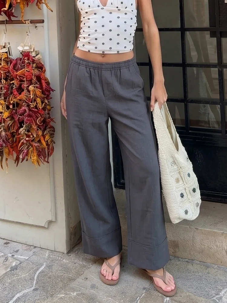 

HH Women Casual Gray Trousers 2026 New Elastic Waist Pockets Loose Wide Leg Pant Autumn Woman Fashion Graduation Season Pants